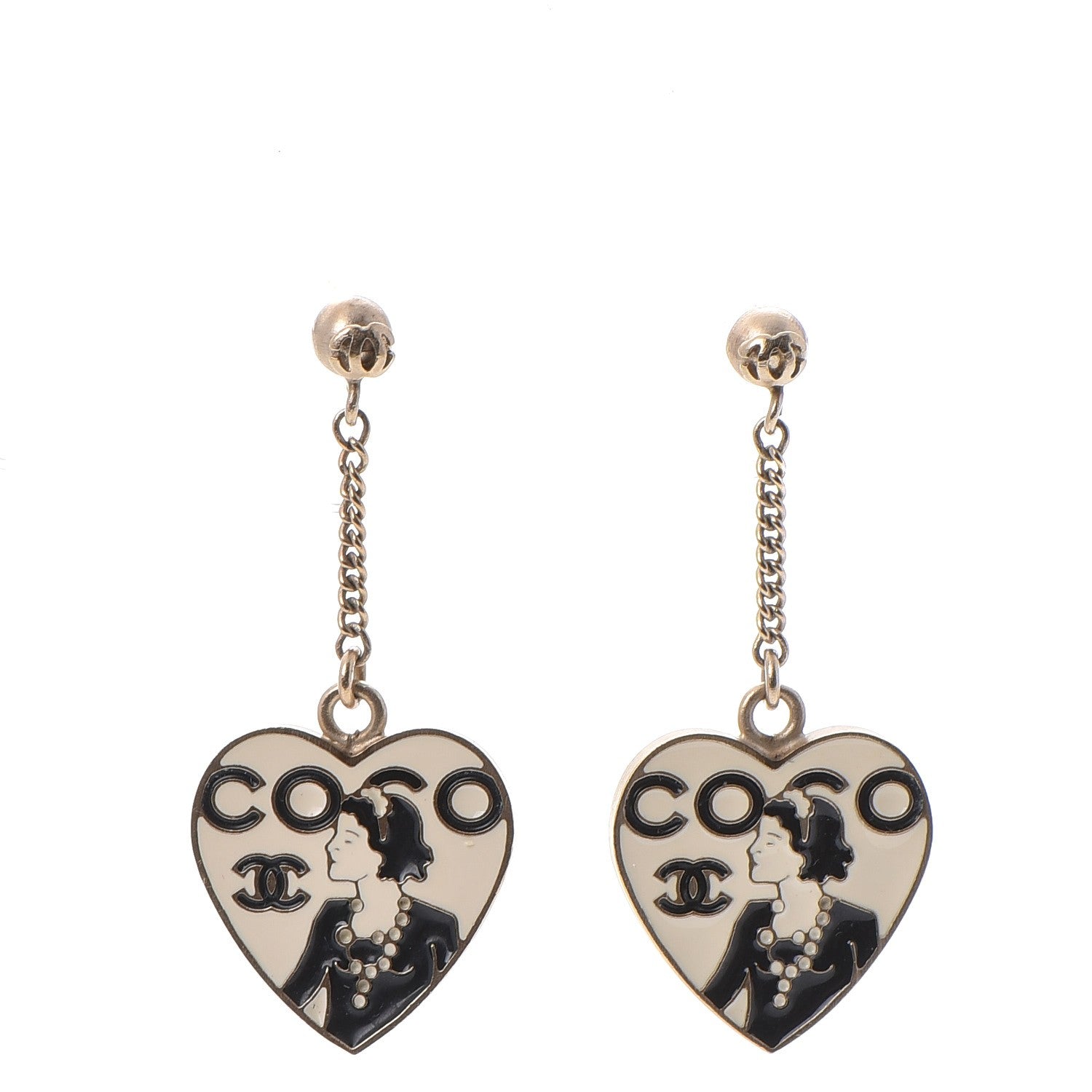 Chanel Enamel Coco Mademoiselle Heart Dangle Earrings Black Gold 1 of 6