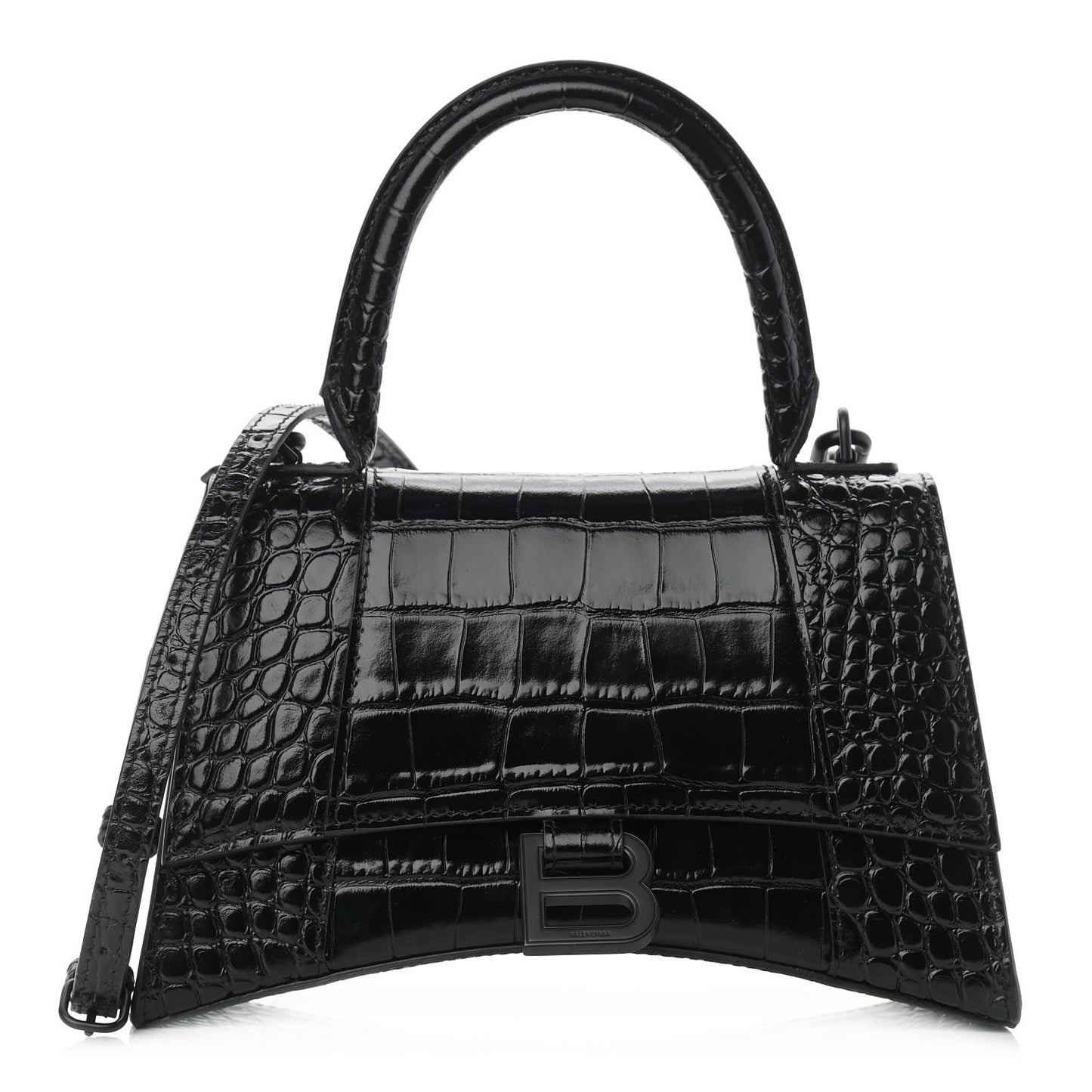 Shiny Calfskin Monochrome Crocodile Embossed Small Hourglass Top Handle Bag Black