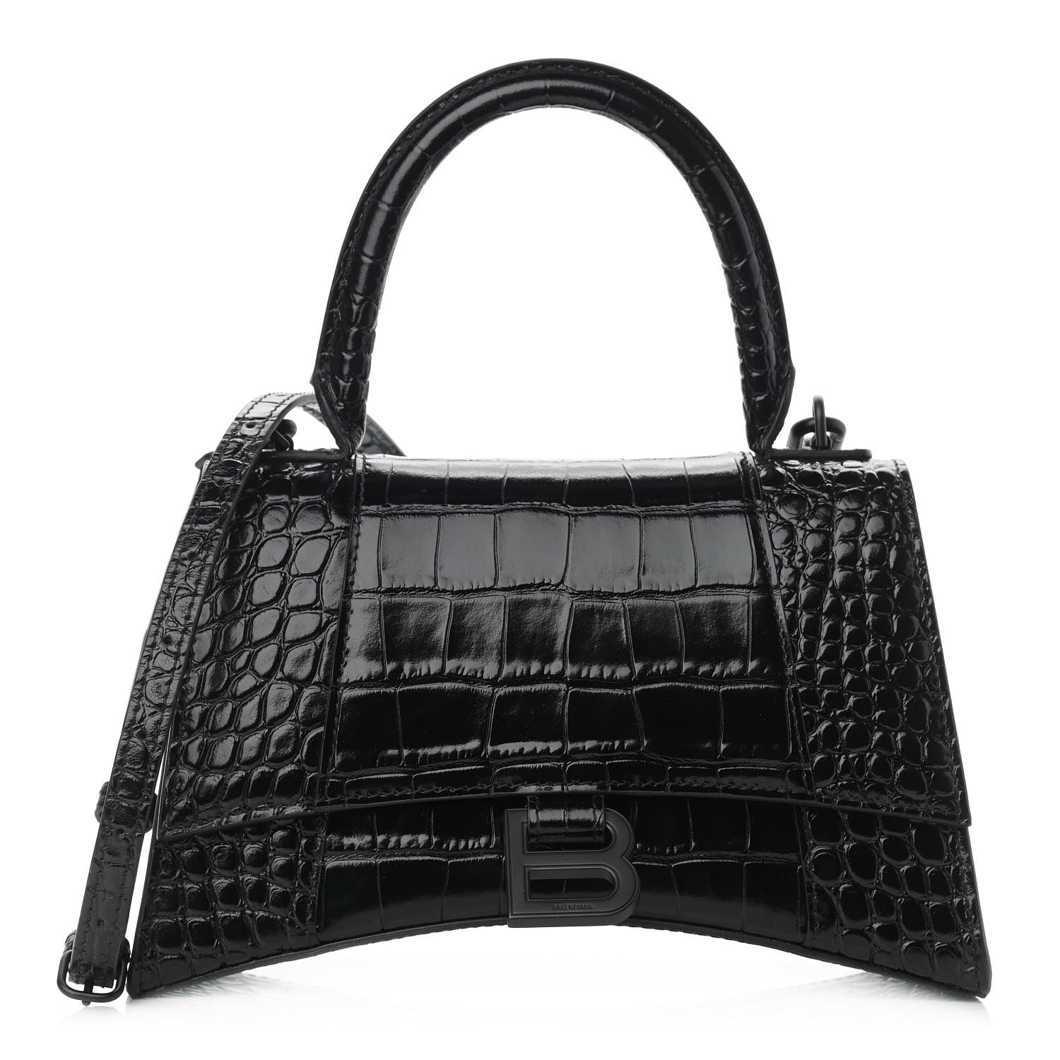 Balenciaga Shiny Calfskin Monochrome Crocodile Embossed Small Hourglass Top Handle Bag Black 1 of 8