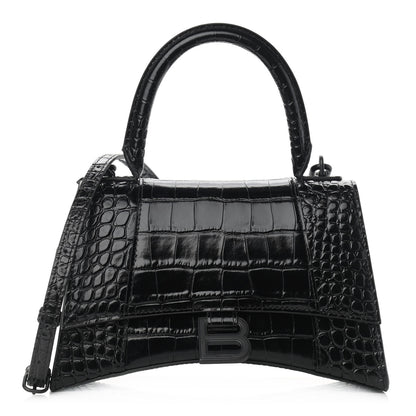 Balenciaga Shiny Calfskin Monochrome Crocodile Embossed Small Hourglass Top Handle Bag Black 1 of 8