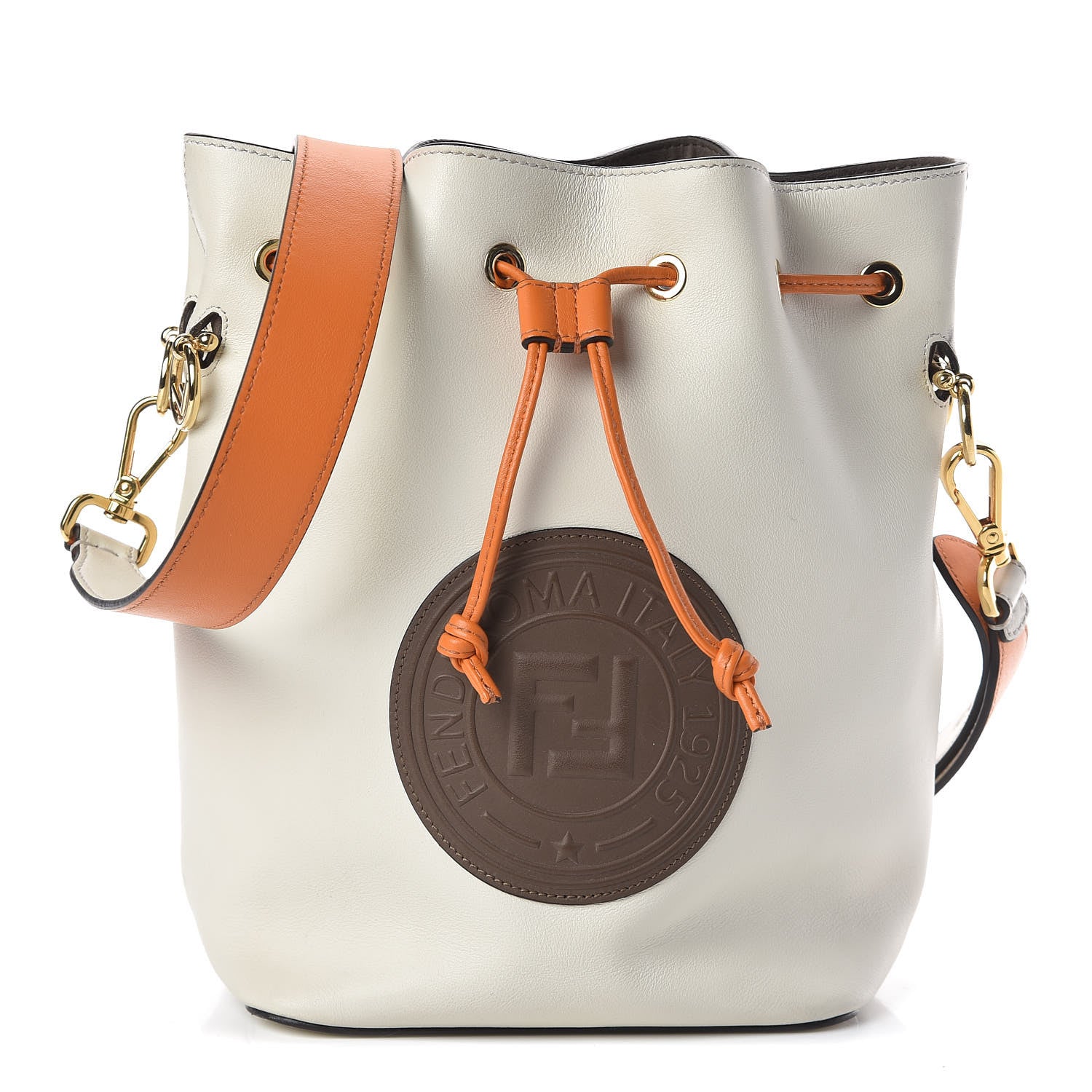 Fendi Vitello Grace Century F is Fendi Stamp Patch Bi-Color Grande Mon Tresor Bucket Bag White Ice Aranciata Maya 1 of 12