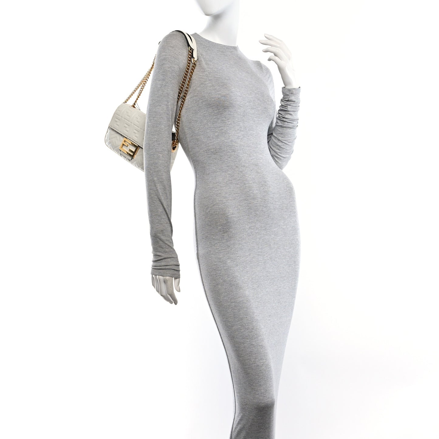 Nappa Small FF Embossed Midi Chain Baguette White