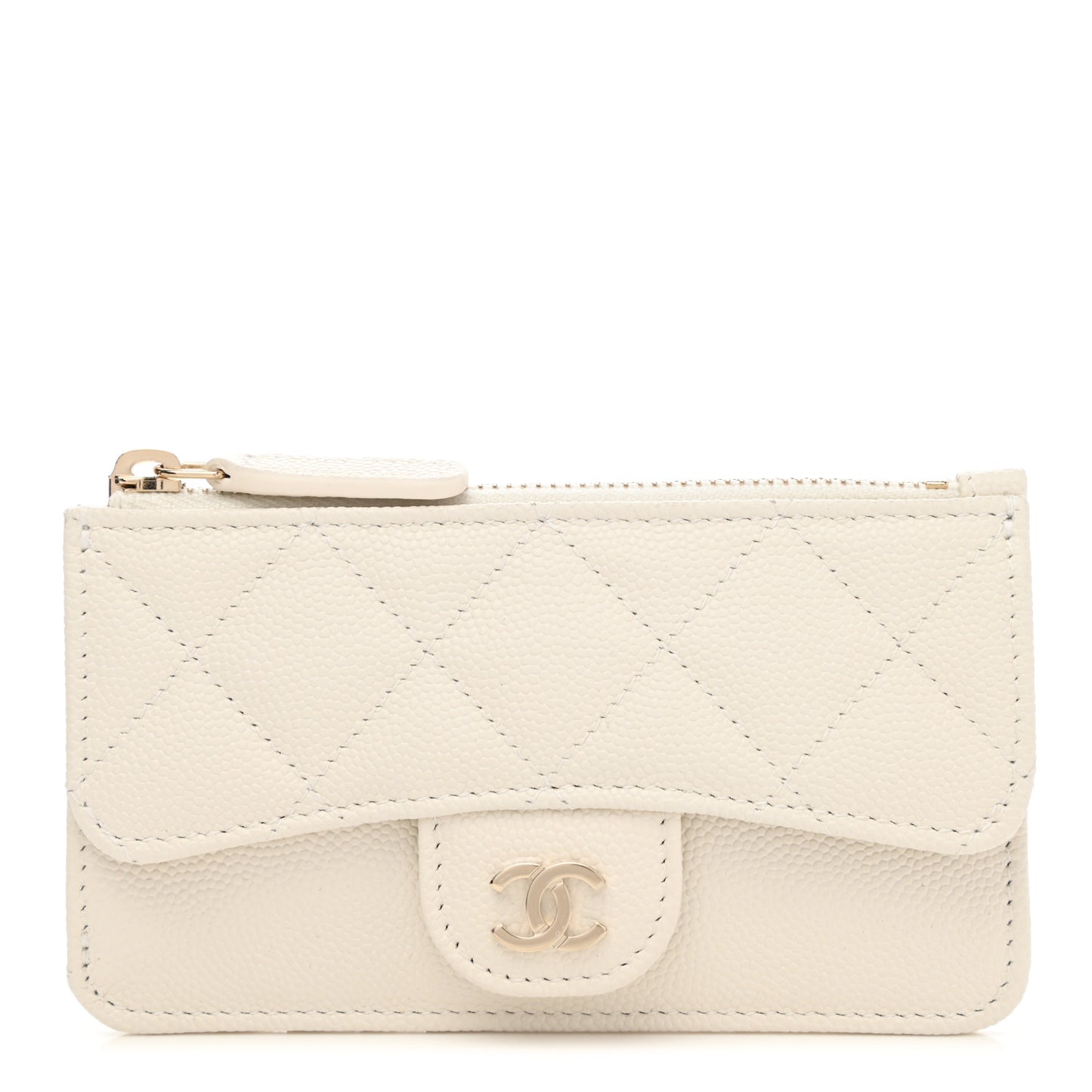 Caviar Quilted Flap Zip Card Holder White