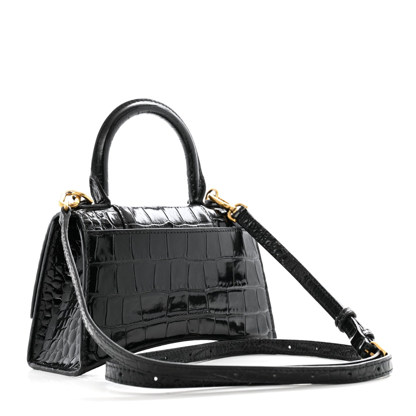 Shiny Calfskin Crocodile Embossed Hourglass Top Handle Bag XS Black