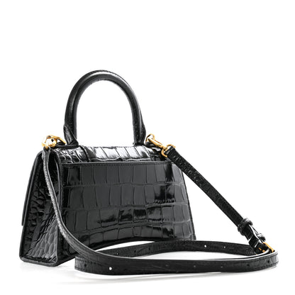 Balenciaga Shiny Calfskin Crocodile Embossed Hourglass Top Handle Bag XS Black 3 of 11