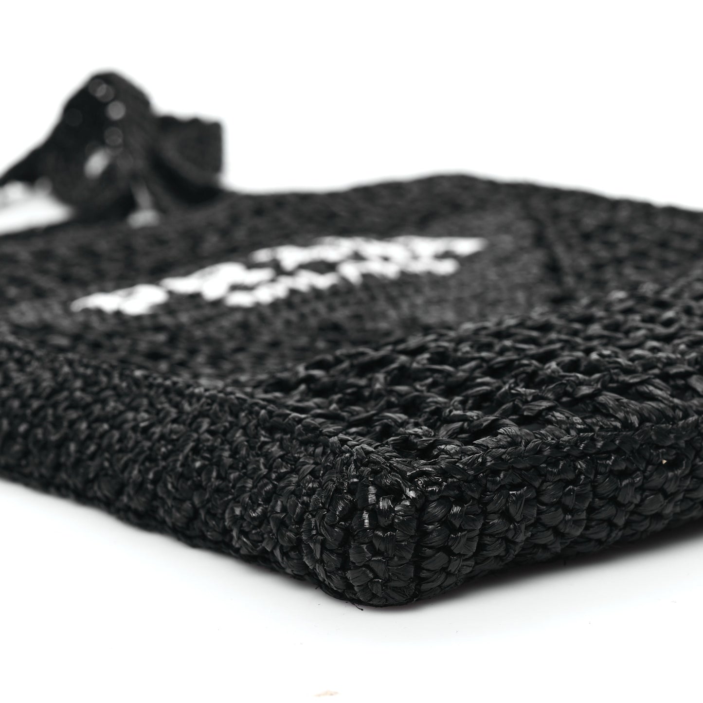 Yarn Raffia Effect Crochet Logo Embroidered Tote Bag Black