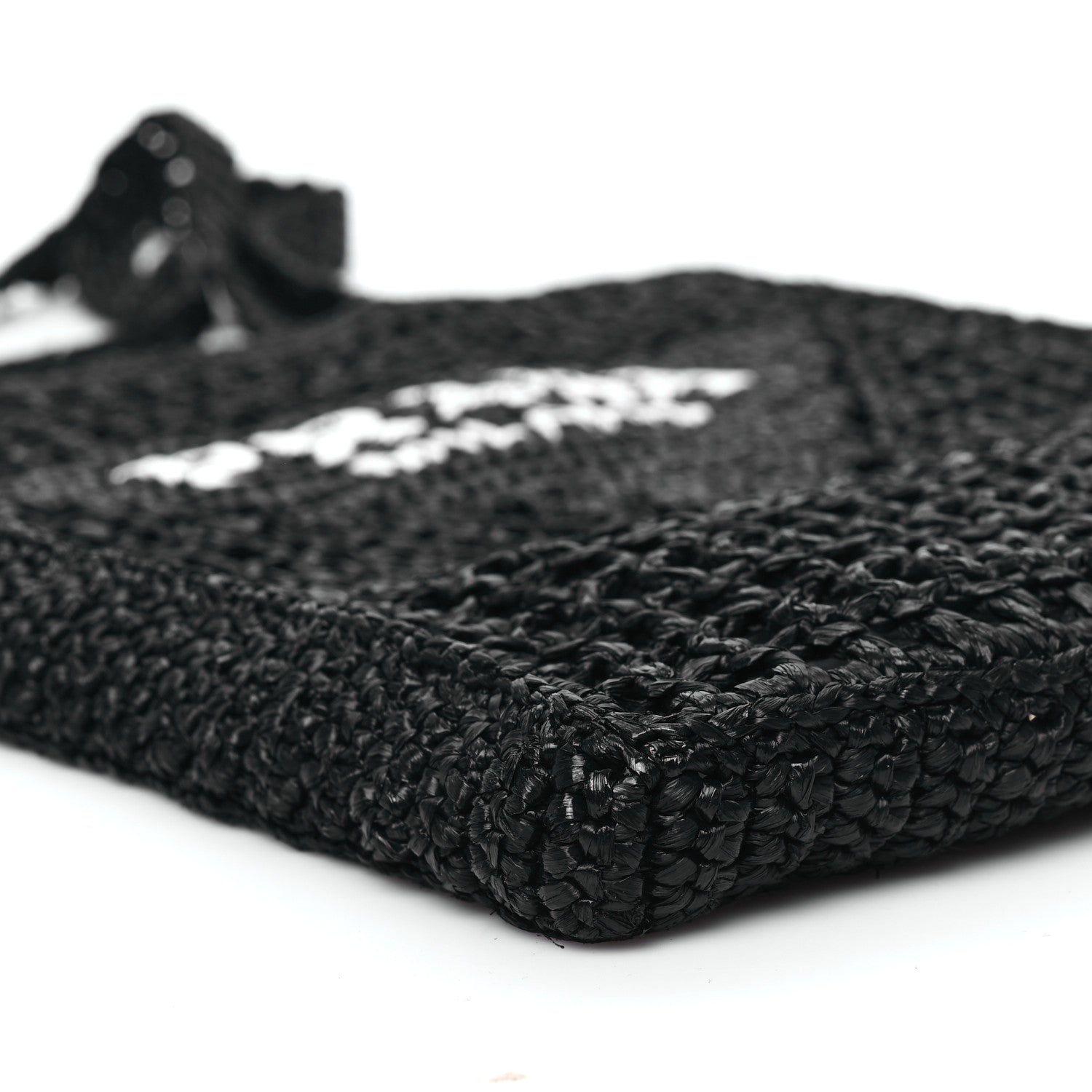 Prada Yarn Raffia Effect Crochet Logo Embroidered Tote Bag Black 8 of 12