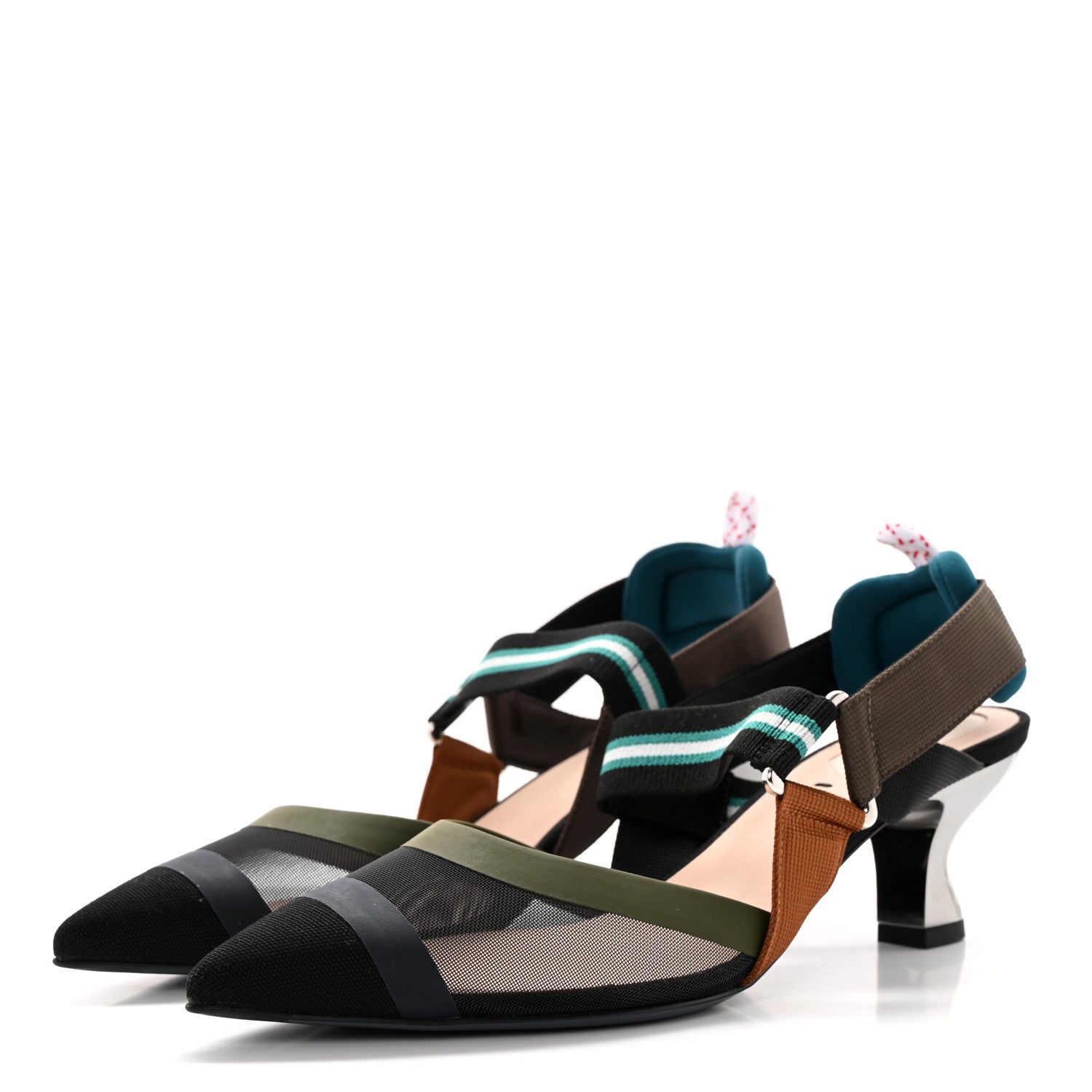 Fendi Technical Mesh Colibri 55mm Slingback Pumps 38 Black Verde Military 3 of 10