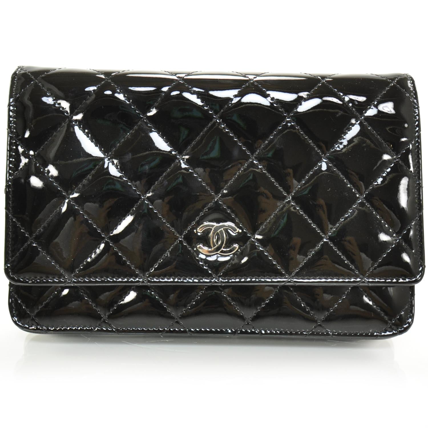 Chanel Patent Quilted Wallet On Chain WOC Black SHW 1 of 8