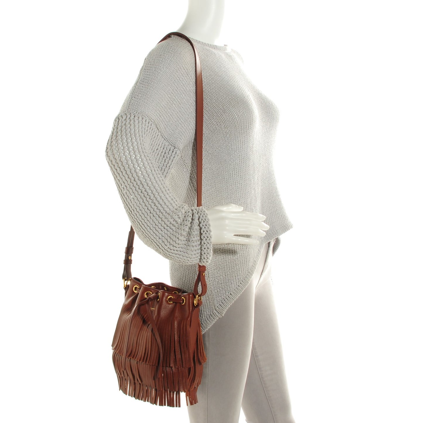 Calfskin Small Emmanuelle Fringe Bucket Bag Cotto