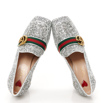Gucci Glitter Nappa Web Peyton 75mm Loafer Pumps 37.5 Argento 2 of 10