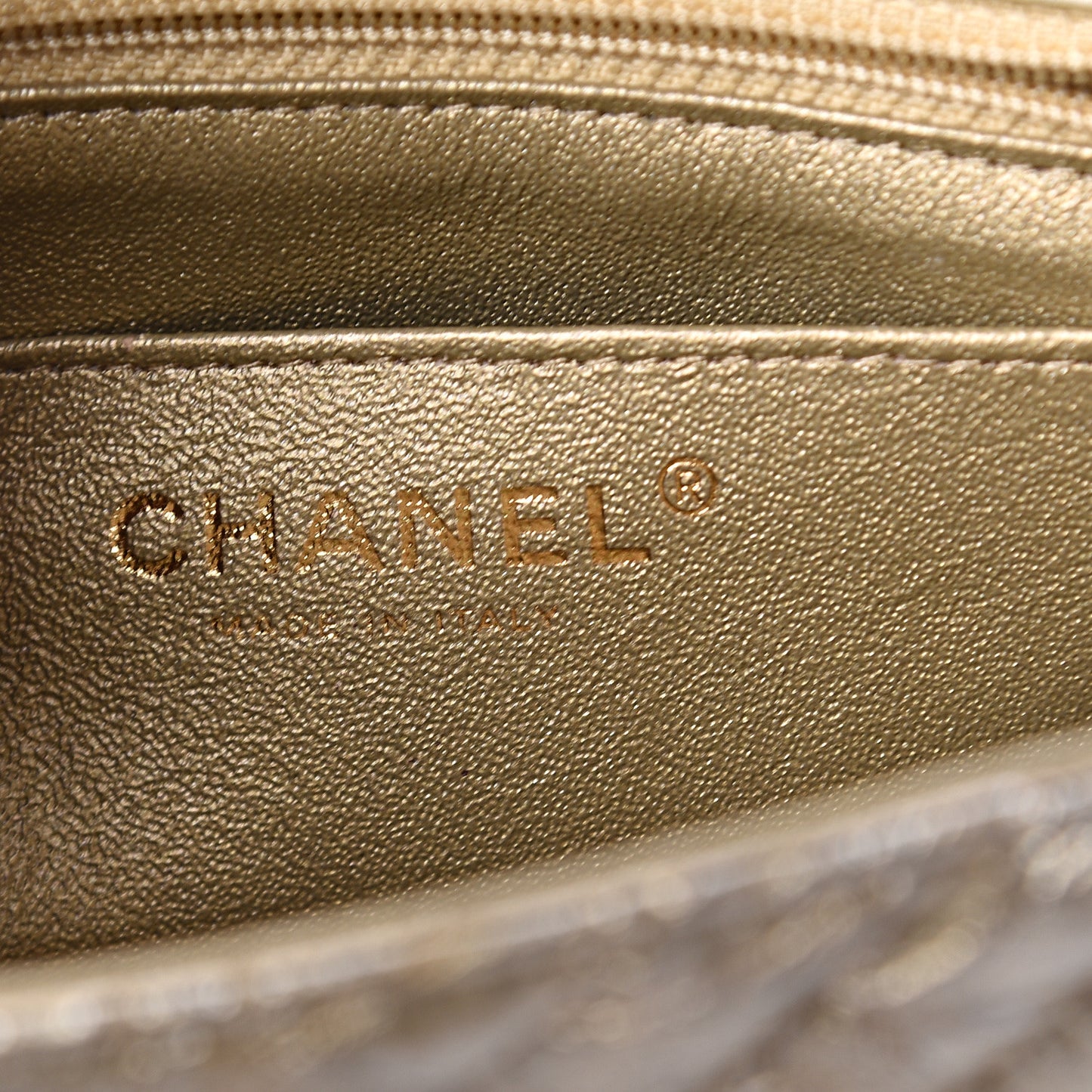 Patent Metallic Crumpled Calfskin Chevron Quilted Mini Square Flap Gold