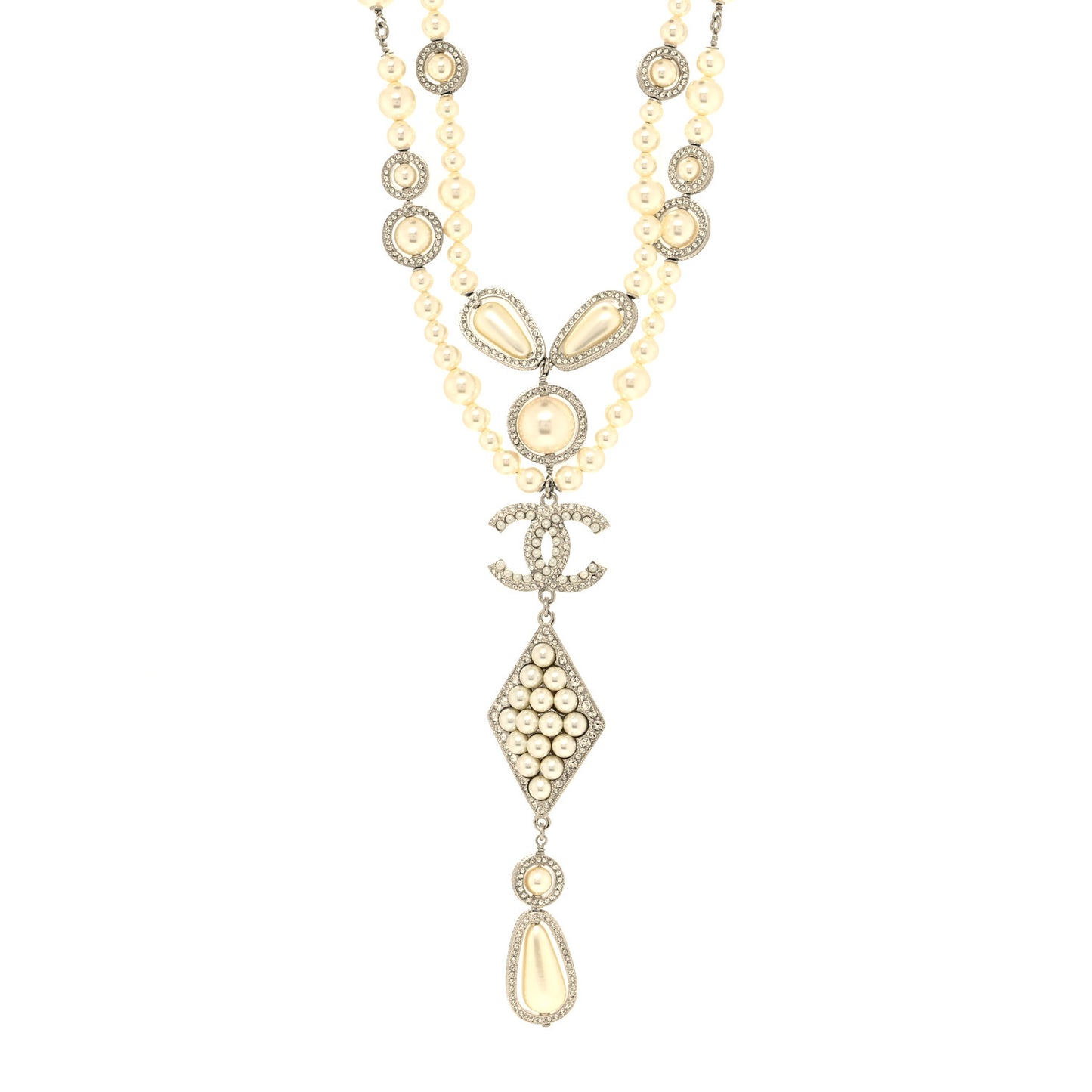 Crystal Pearl CC Drop Necklace Silver White