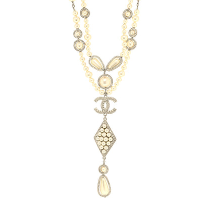 Chanel Crystal Pearl CC Drop Necklace Silver White 1 of 5