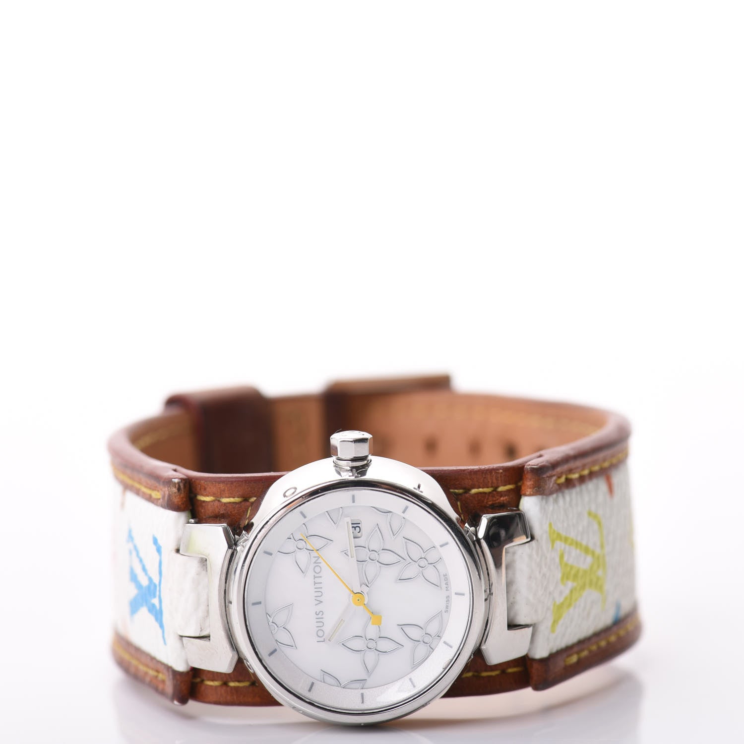 Louis Vuitton Stainless Steel Monogram Multicolor Mother of Pearl 28mm Tambour Murakami Quartz Watch 2 of 8