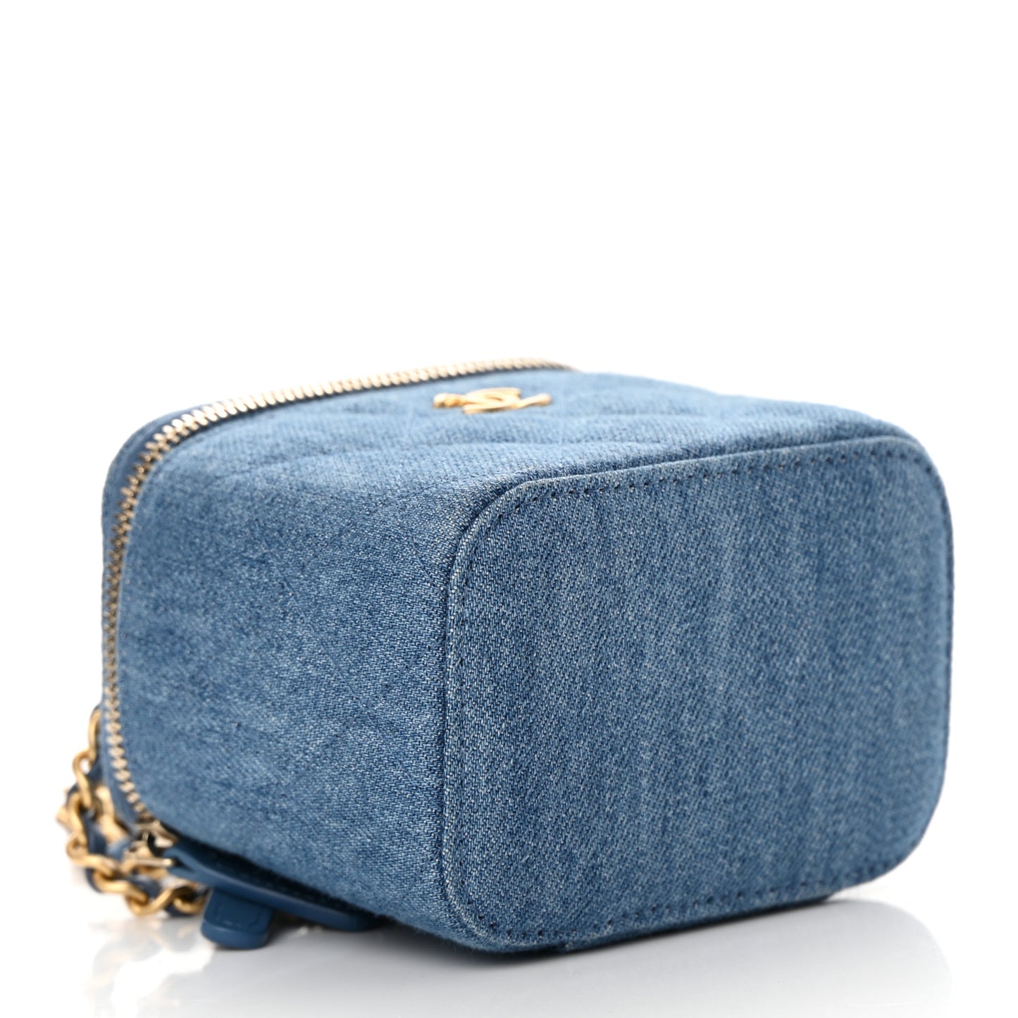 Denim Quilted Mini Pearl Crush Vanity Case With Chain