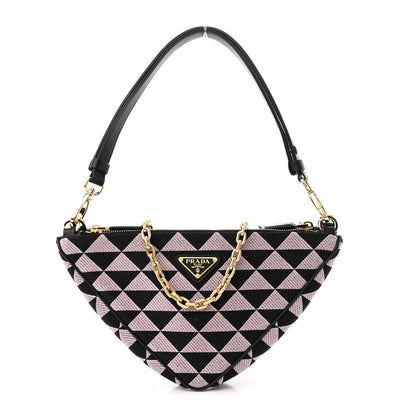 Prada Jacquard Calfskin Triangolo Symbole Embroidered Mini Triangle Double Bag Black Alabastro 1 of 11