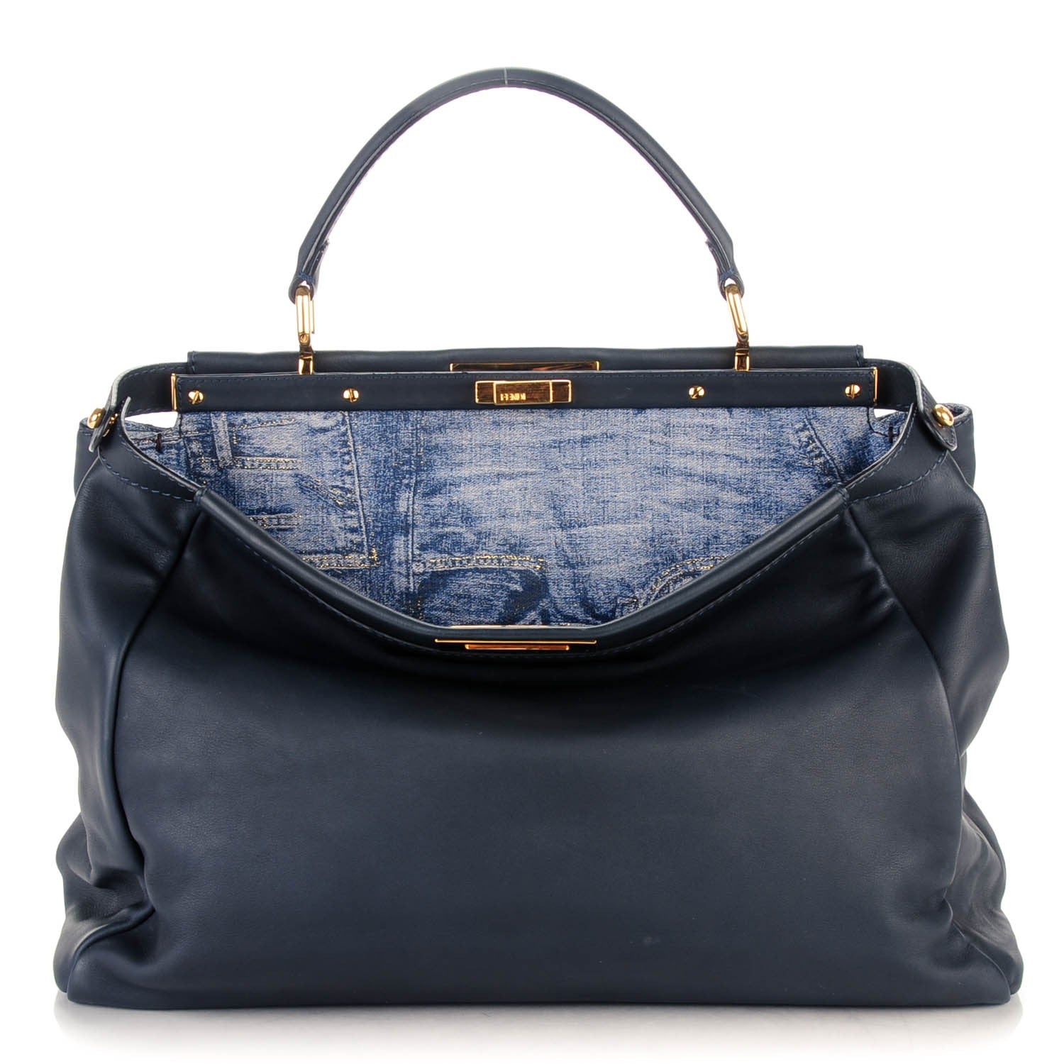Fendi Calfskin Denim Zucca Large Peekaboo Iconic Satchel Navy 1 of 8