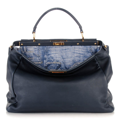 Fendi Calfskin Denim Zucca Large Peekaboo Iconic Satchel Navy 1 of 8
