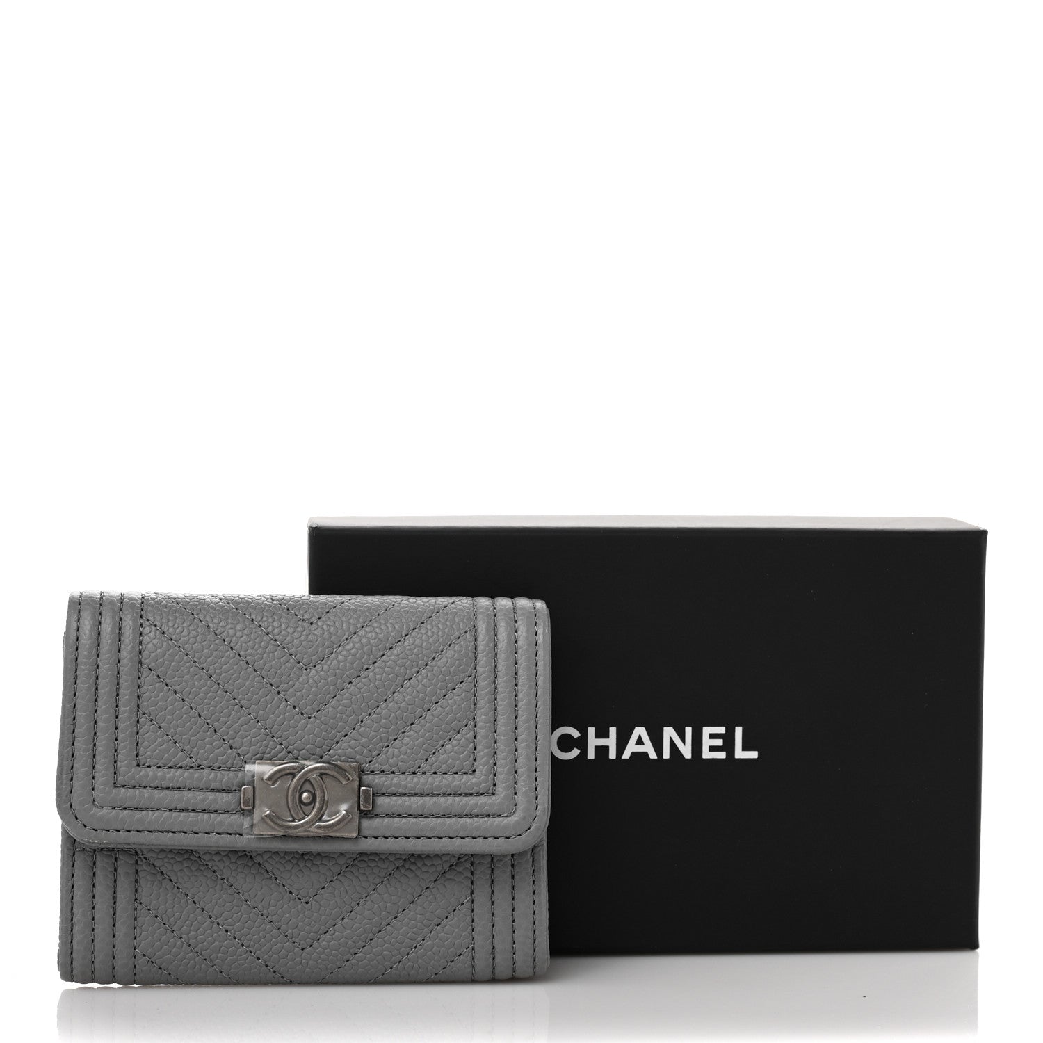 Chanel Caviar Chevron Quilted Boy Card Holder Wallet Grey 11 of 11