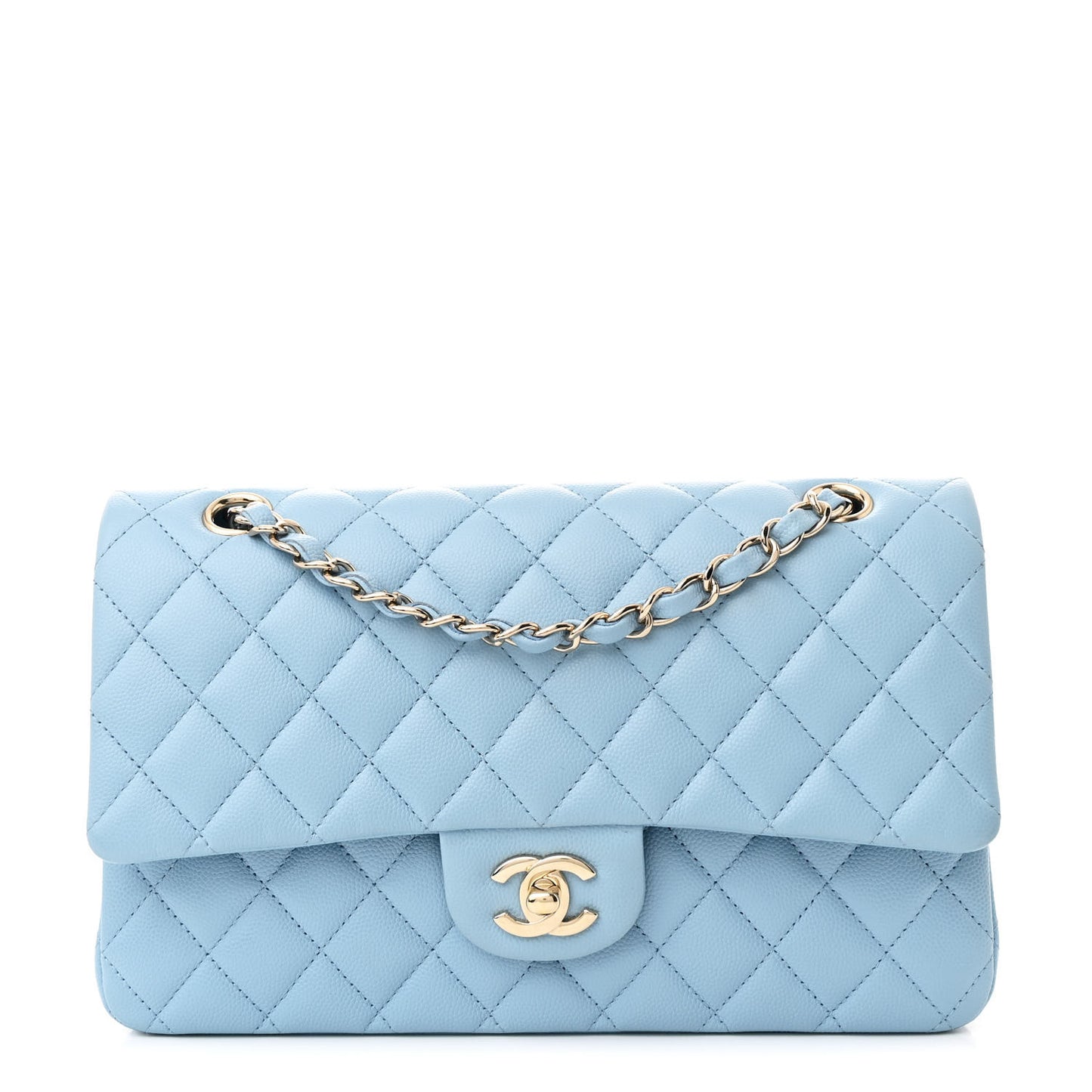 Caviar Quilted Medium Double Flap Light Blue