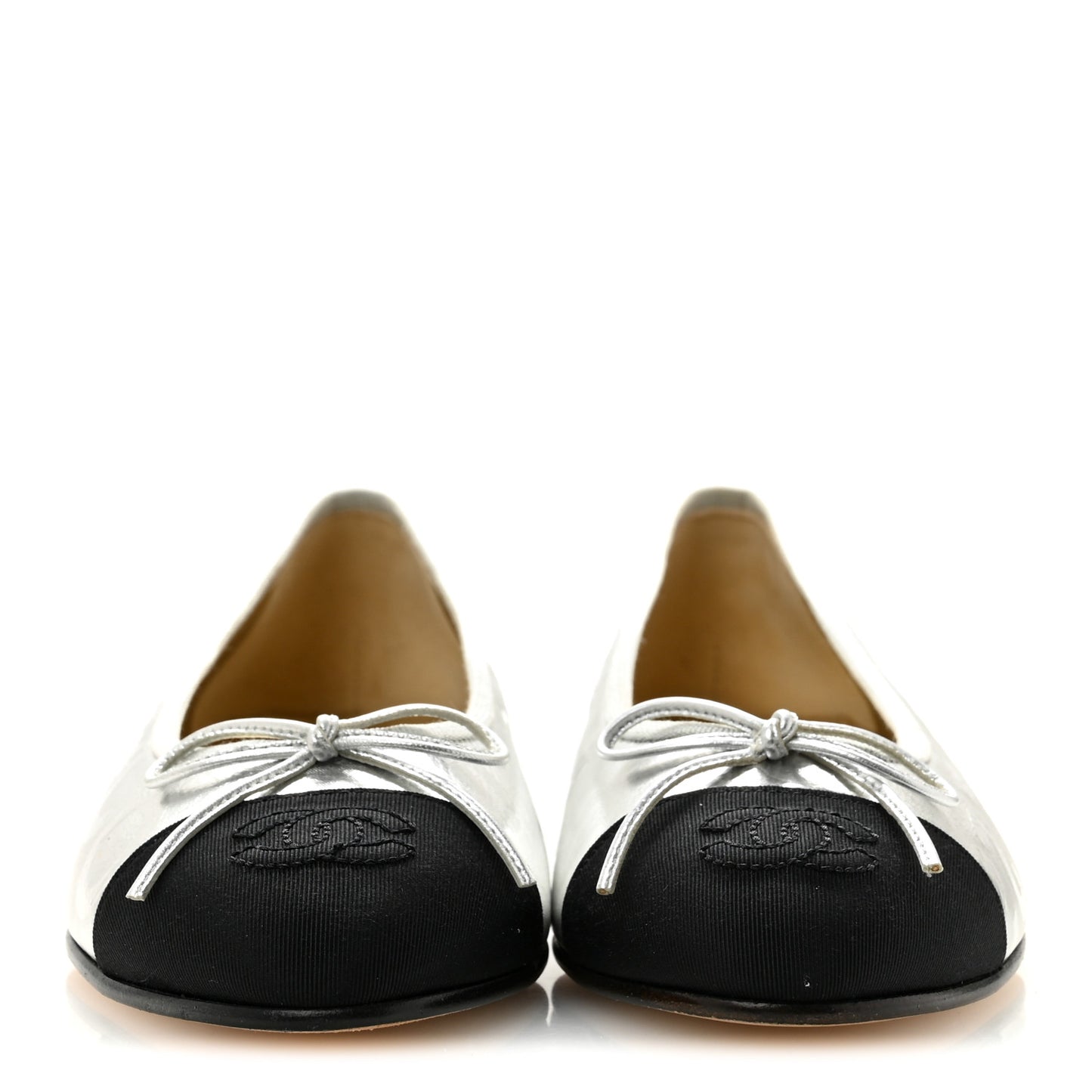 Laminated Goatskin Grosgrain Cap Toe CC Ballerina Flats 36 Silver Black