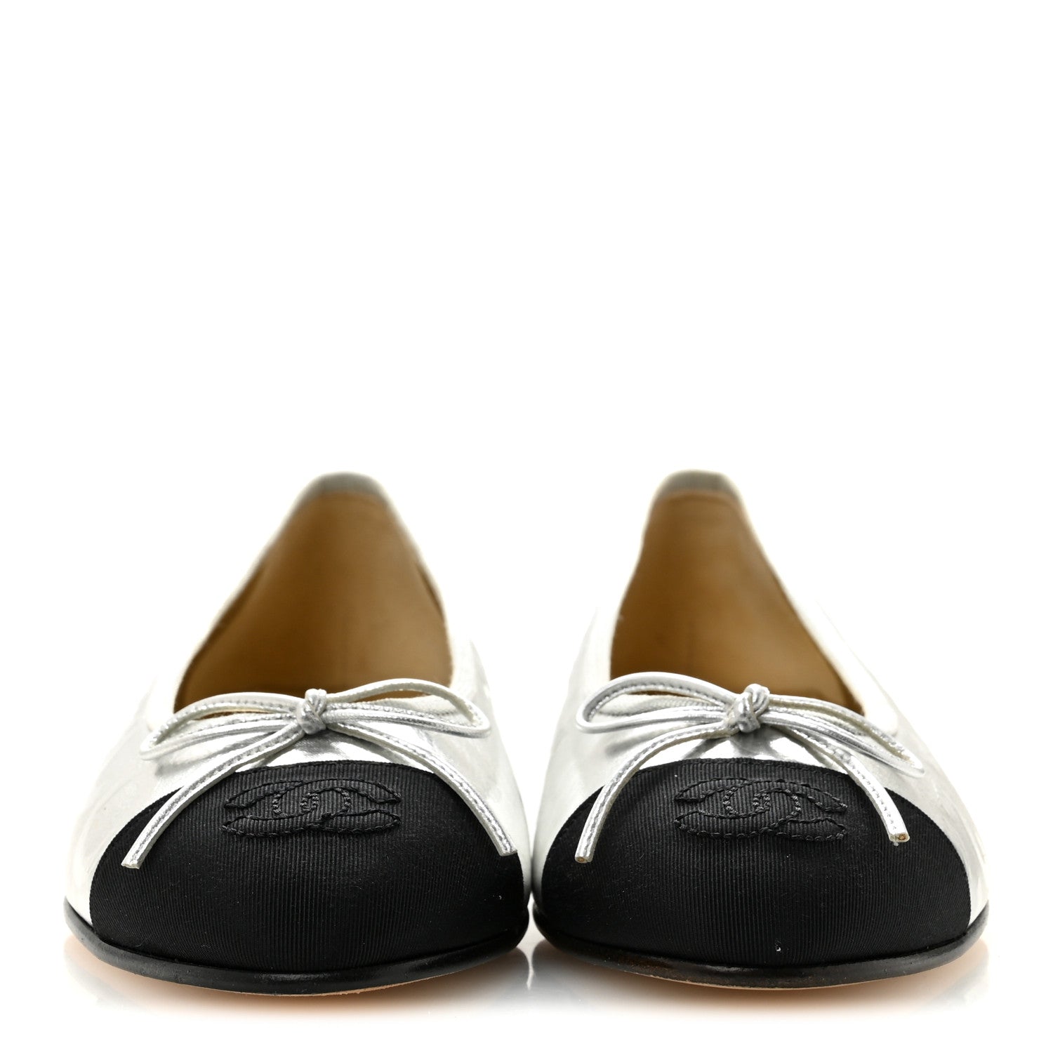 Chanel Laminated Goatskin Grosgrain Cap Toe CC Ballerina Flats 36 Silver Black 3 of 10