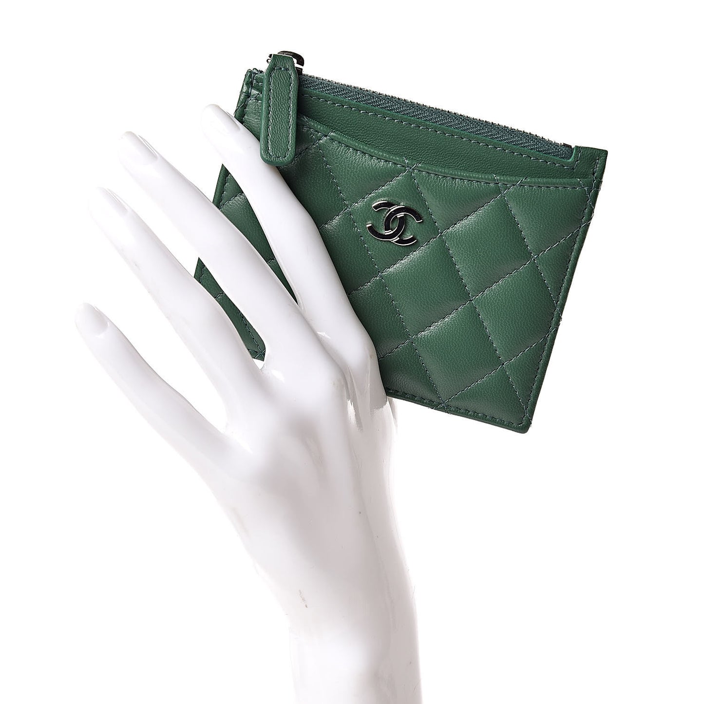 Lambskin Quilted Zip Card Holder Green