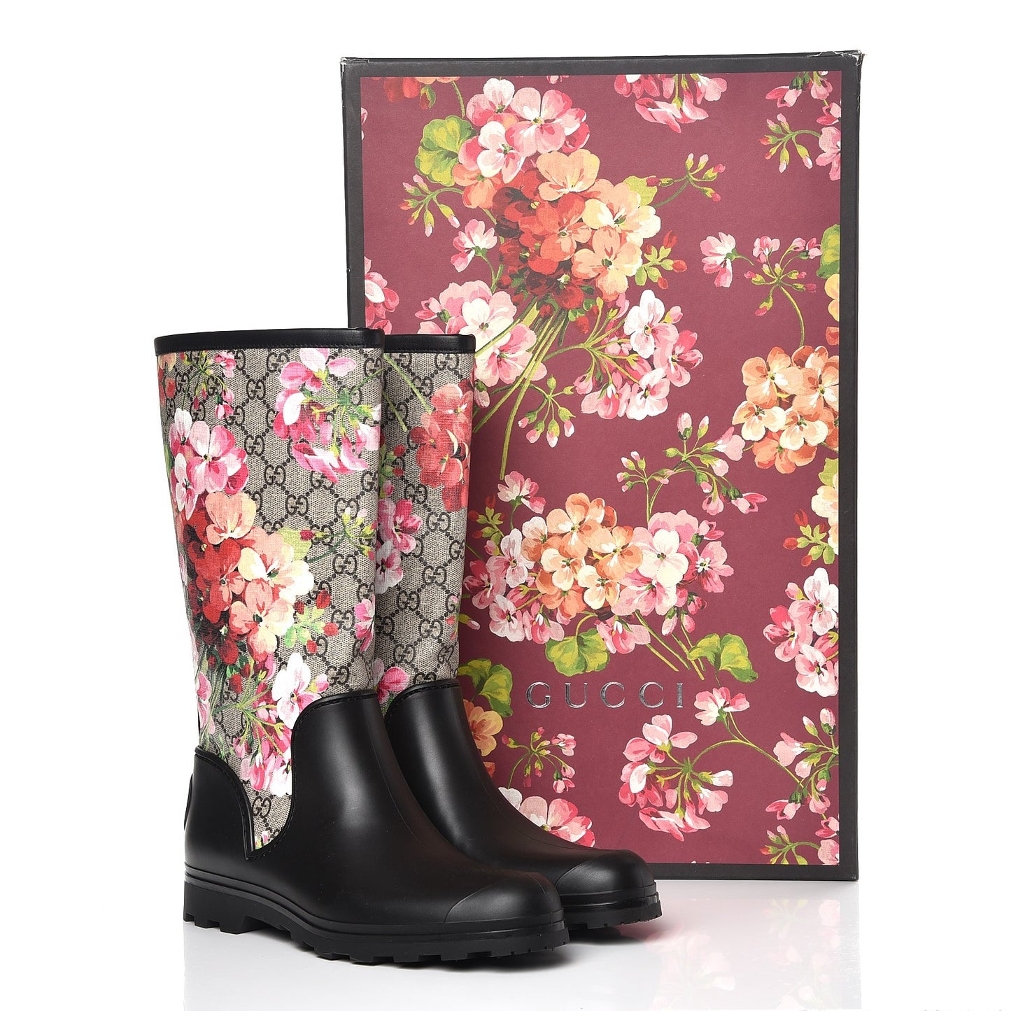 GG Supreme Monogram Blooms Flat Rubber Boots 40 Beige Multicolor