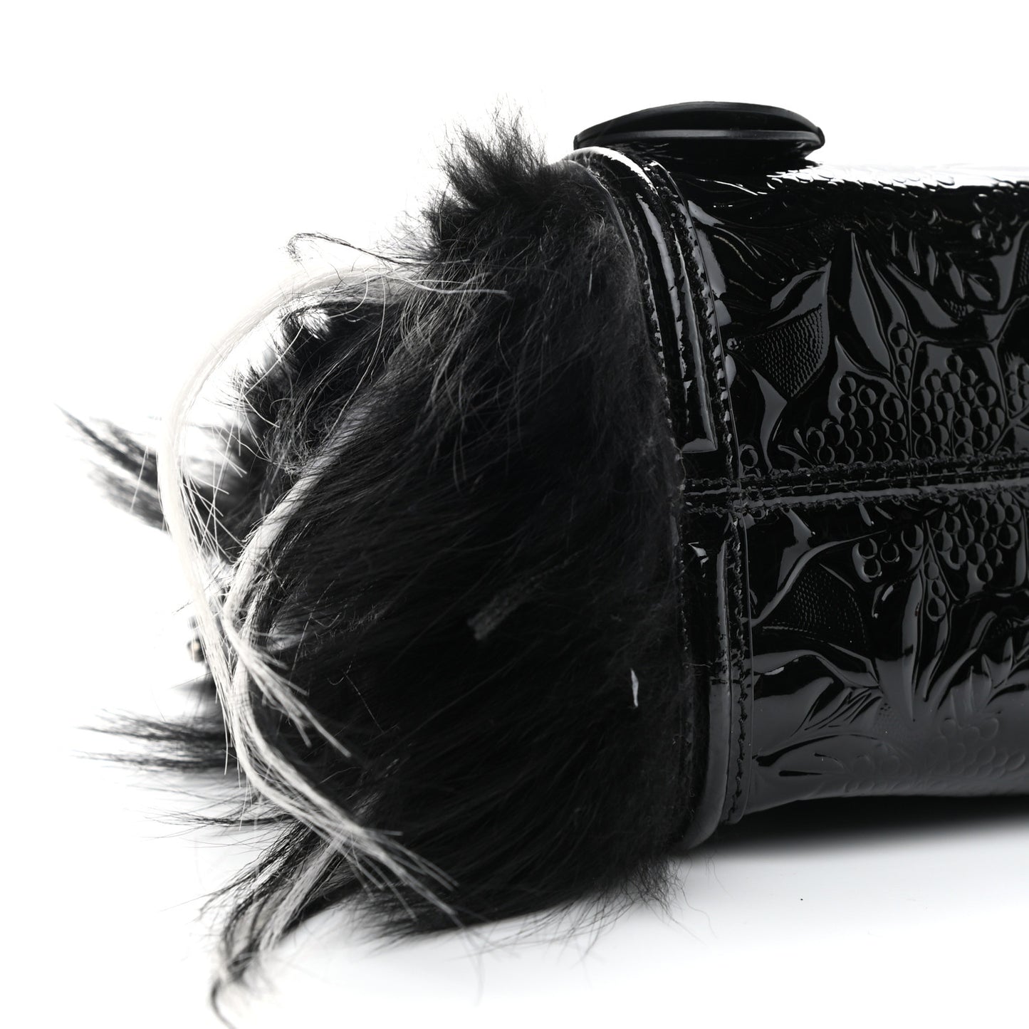 Patent Faux Fur Mini Skull Padlock Zip Around Tote Black