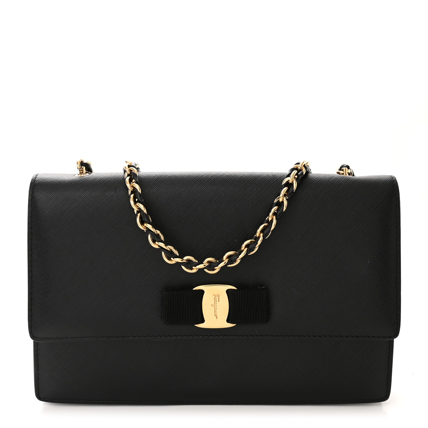 Salvatore Ferragamo Printed Calfskin Vara Bow Chain Flap Crossbody Black 1 of 14