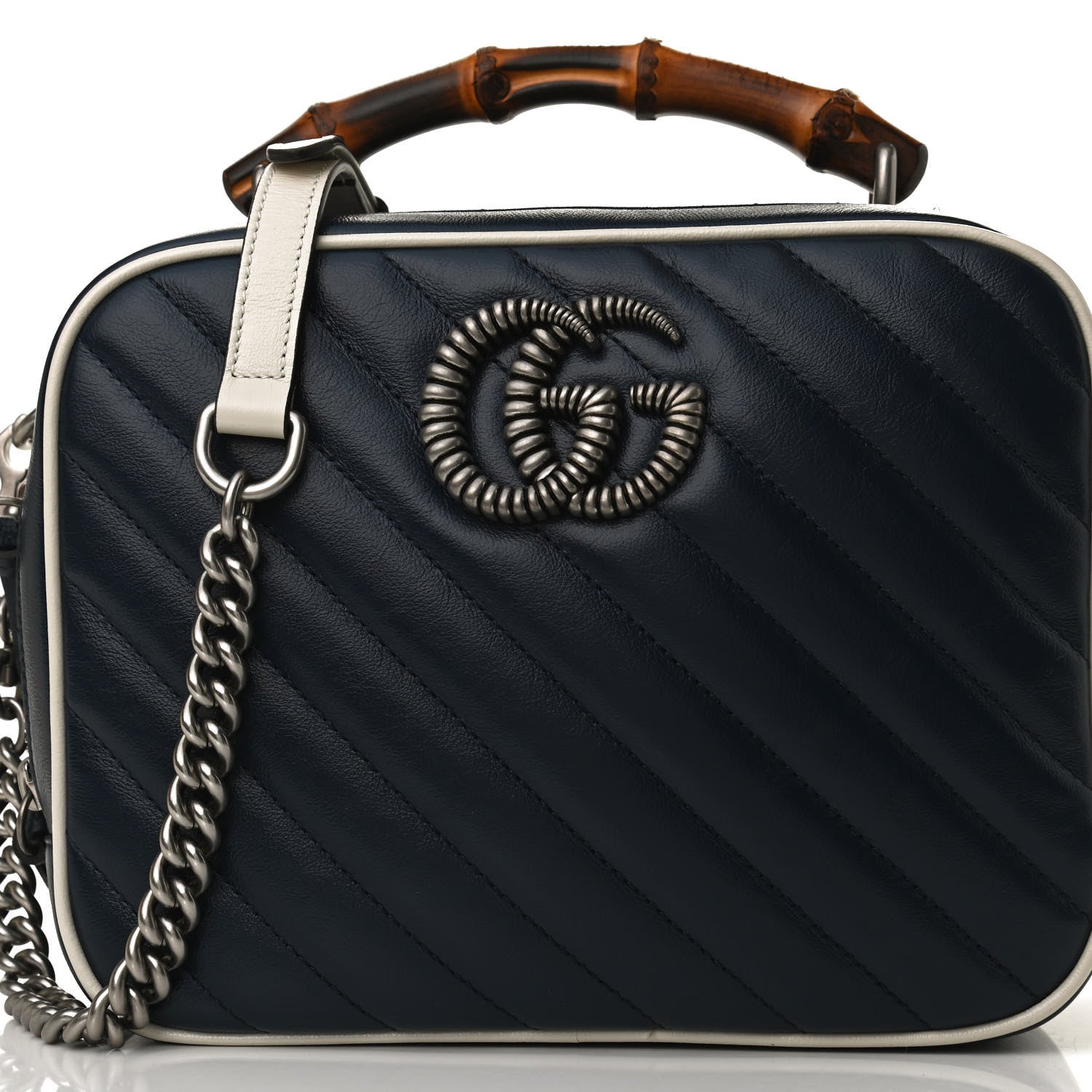 Gucci Vintage Effect Calfskin Matelasse Diagonal Small Torchon GG Marmont Bamboo Top Handle Shoulder Bag Blue Agata Mystic White 9 of 11