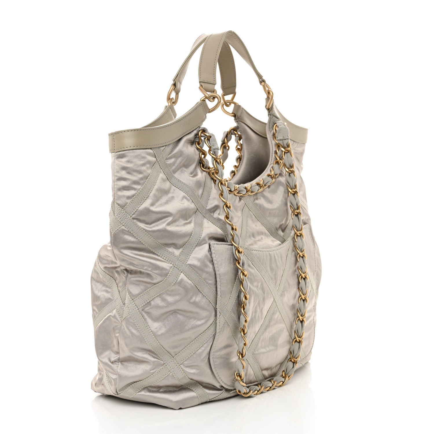 Chanel Nylon Grosgrain Quilted Lifestyle Shopping Bag Grey 4 of 14