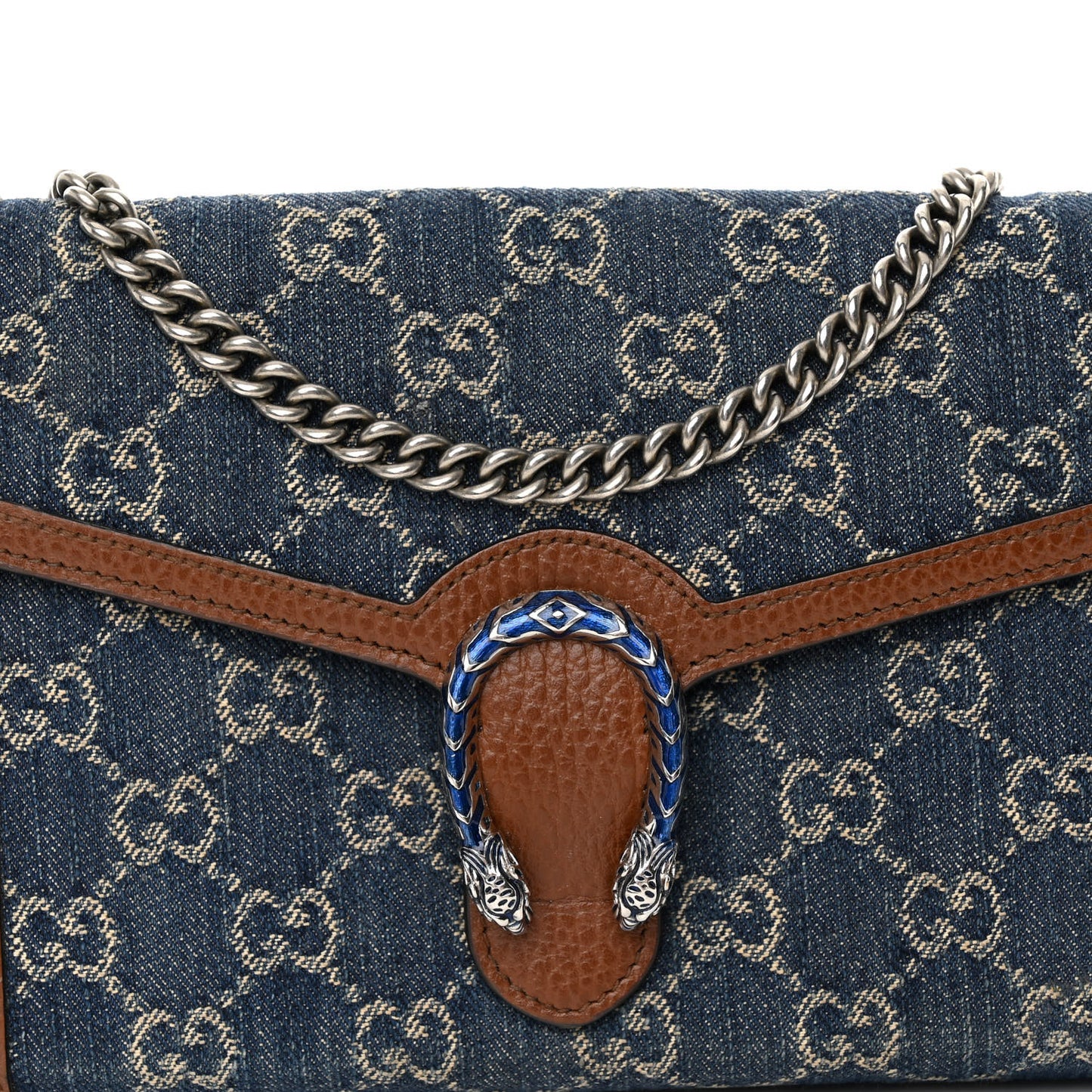 New Denim GG Monogram Dollar Calfskin Enamel Mini Dionysus Chain Wallet Blue Tea Cuir Epilog Electric Blue