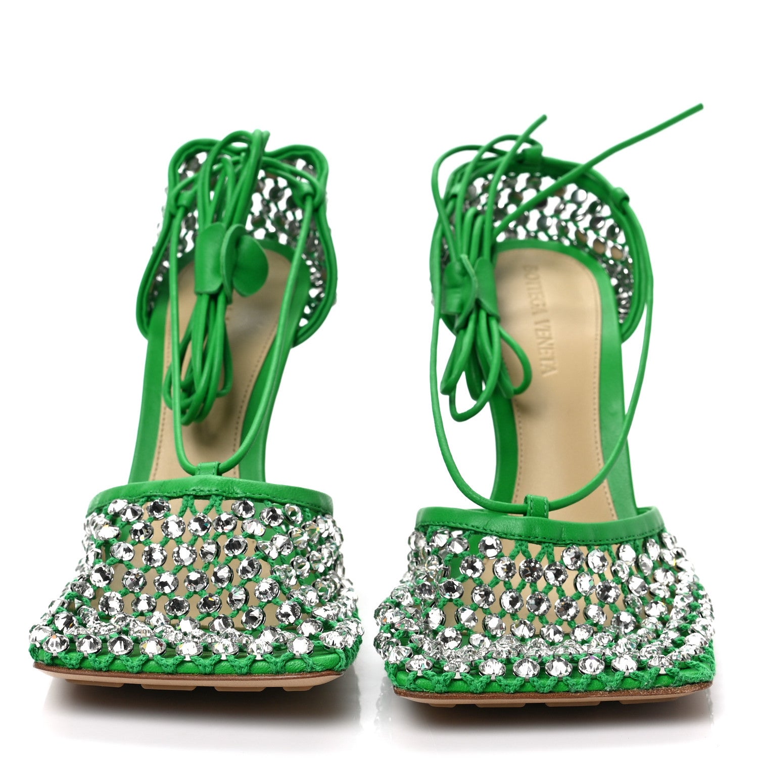 Bottega Veneta Mesh Nappa Crystal Embellished Sparkle Stretch Ankle Tie Sandals 38.5 Parakeet 2 of 7