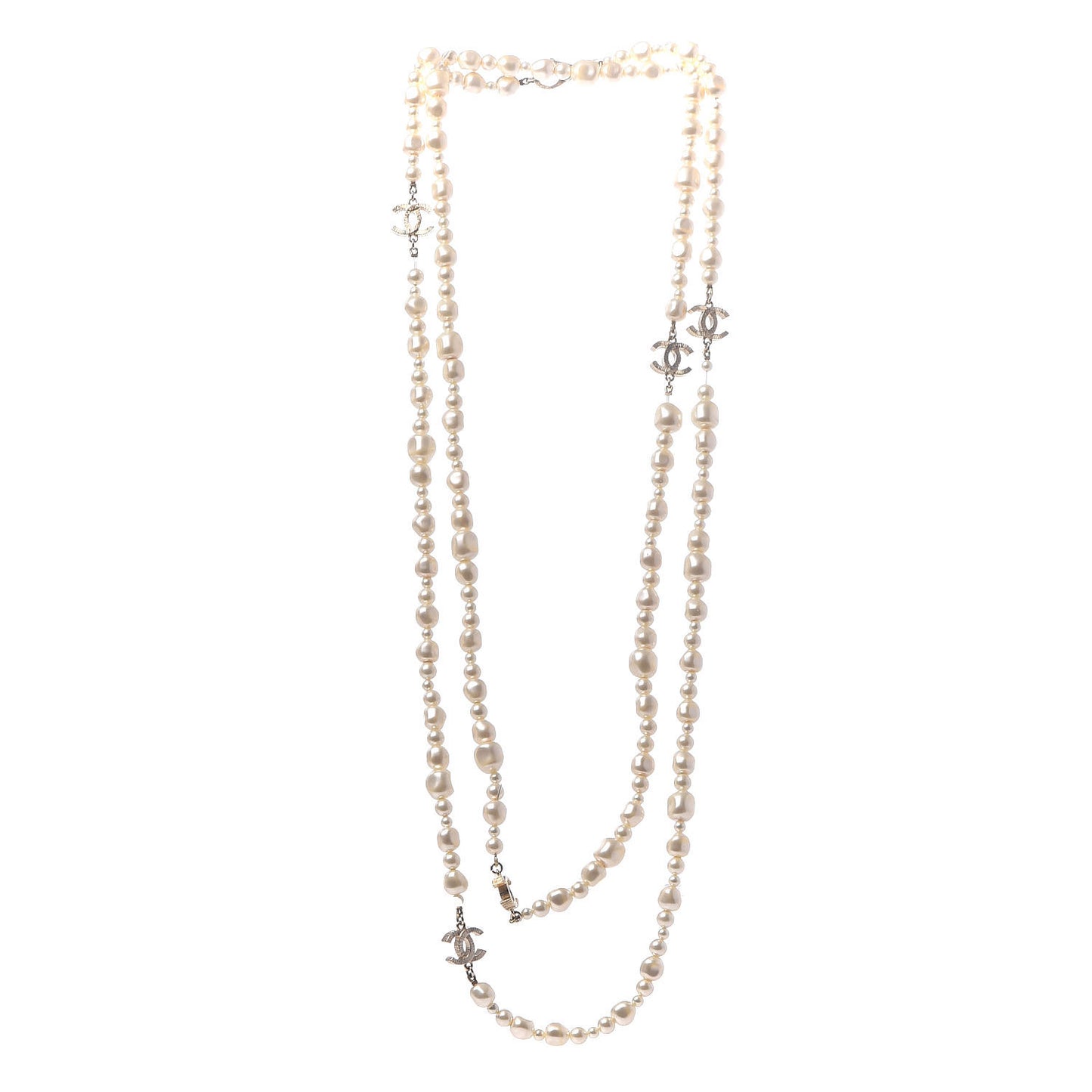 Graduated Pearl CC Long Necklace Light Gold