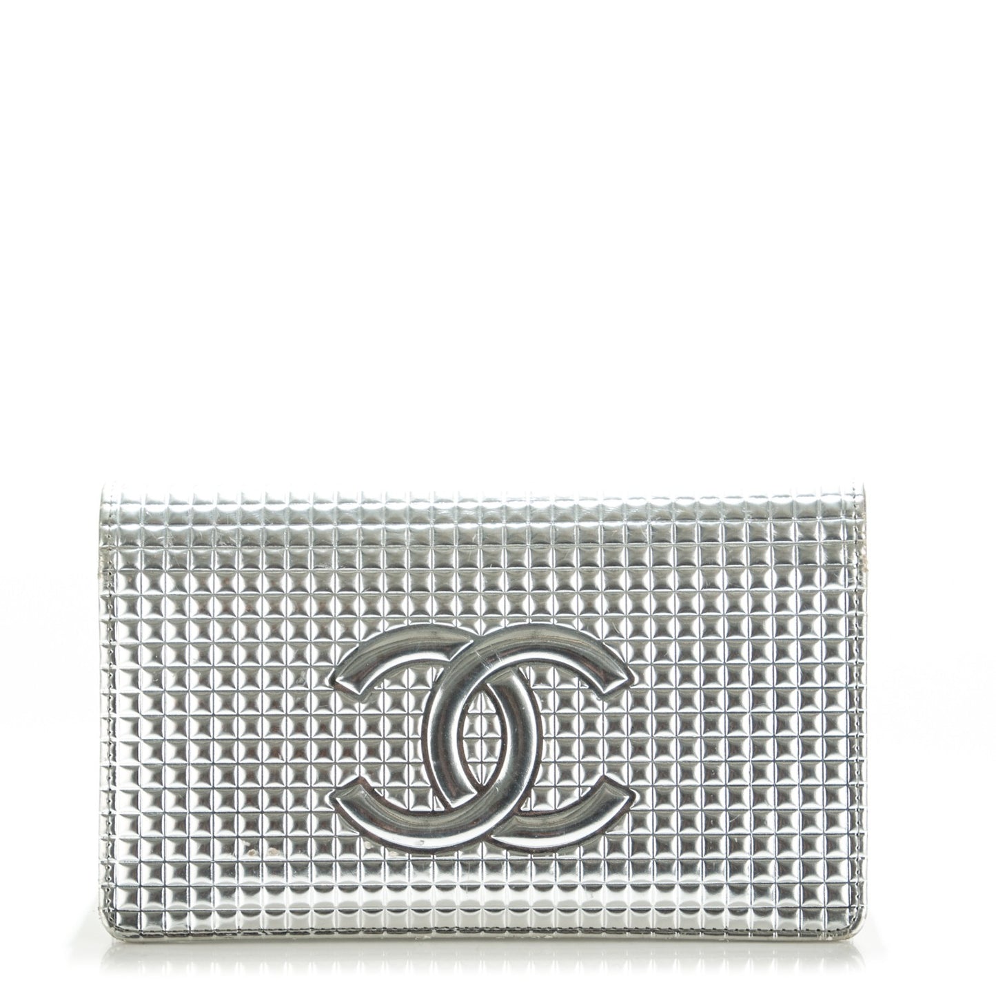 Patent Calfskin Embossed CC Yen Wallet Silver