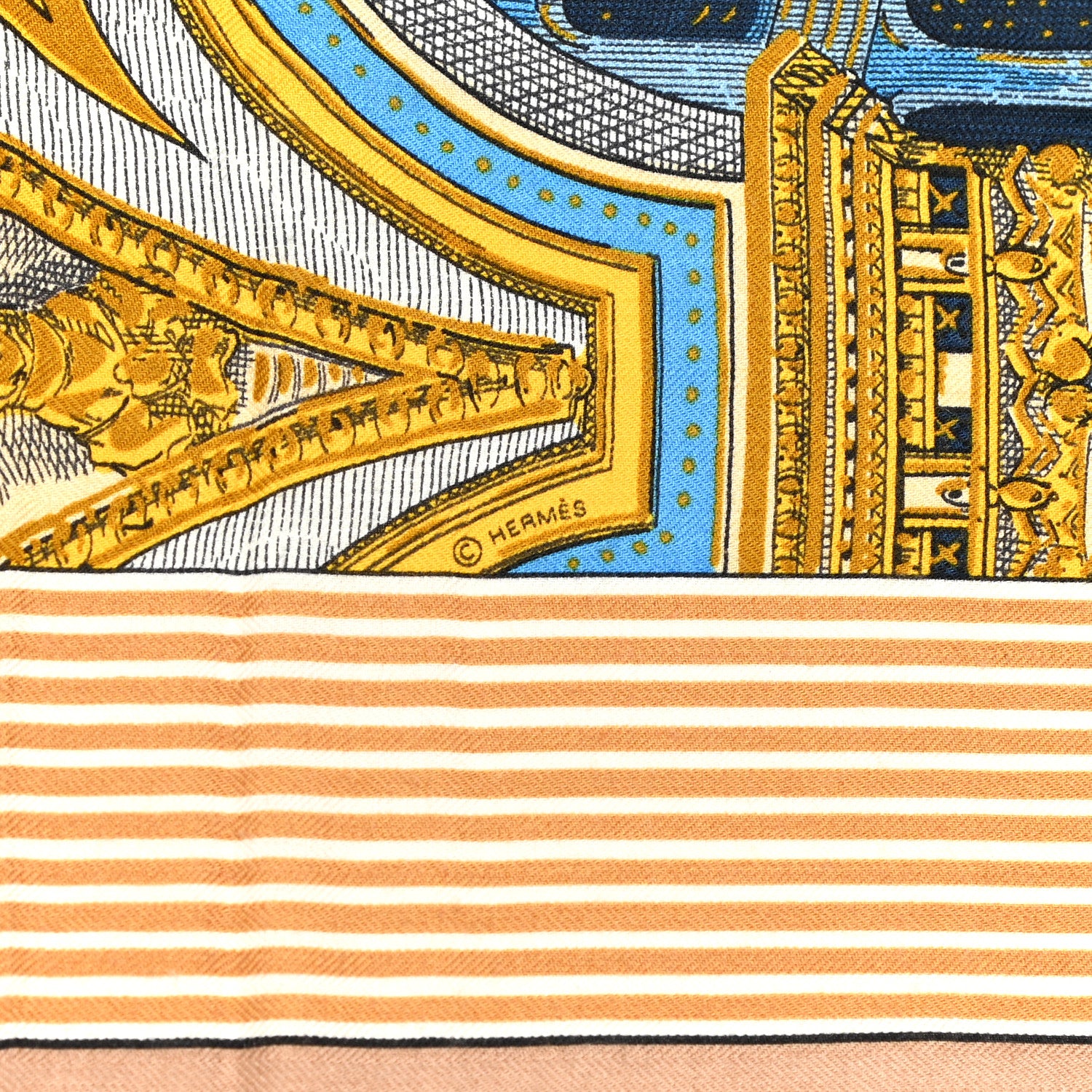 Hermes Cashmere Silk Grand Theatre Nouveau Shawl 140 Bleu Gold White 5 of 6