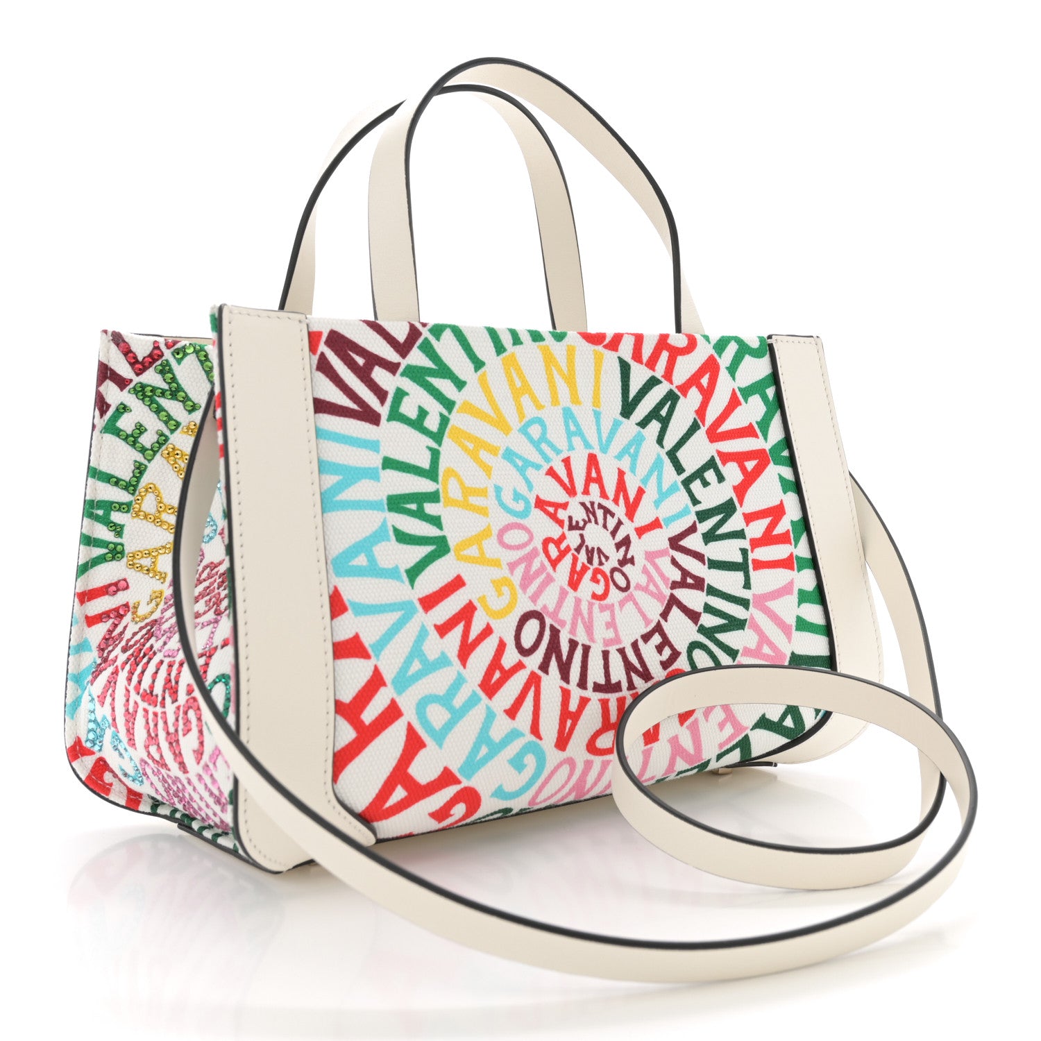 Valentino Garavani Canvas Calfskin Crystal Small Escape Loop Vlogo Signature Tote White Multicolor 3 of 10