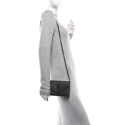 Saint Laurent Grain De Poudre Matelasse Chevron Monogram Monochrome Envelope Chain Wallet Black 2 of 11