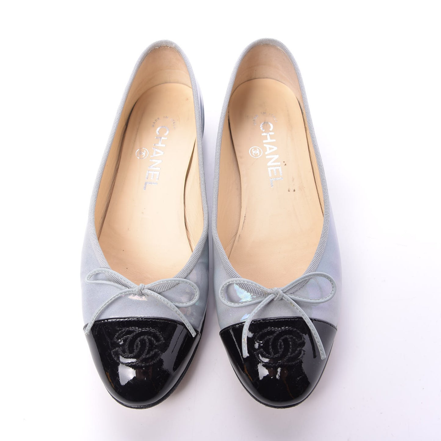 Patent Calfskin Cap Toe CC Ballerina Flats 37.5 Grey Black