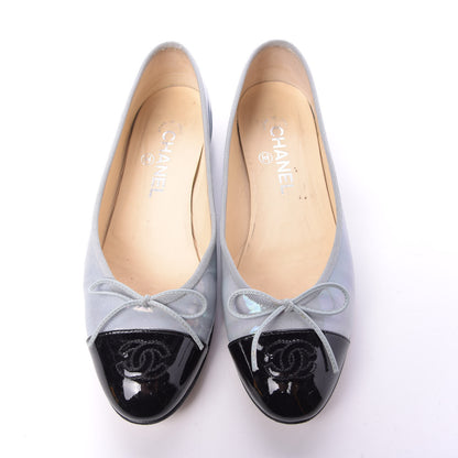 Chanel Patent Calfskin Cap Toe CC Ballerina Flats 37.5 Grey Black 5 of 10