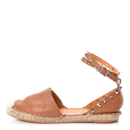 Valentino Garavani Grained Calfskin Rockstud Ankle Wrap Espadrille Flats 37 Cognac 1 of 17