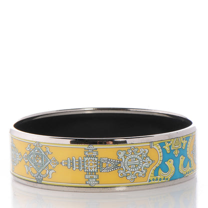 Hermes Enamel Printed Ornate Doves Wide Bracelet Bleu Yellow 65 3 of 6