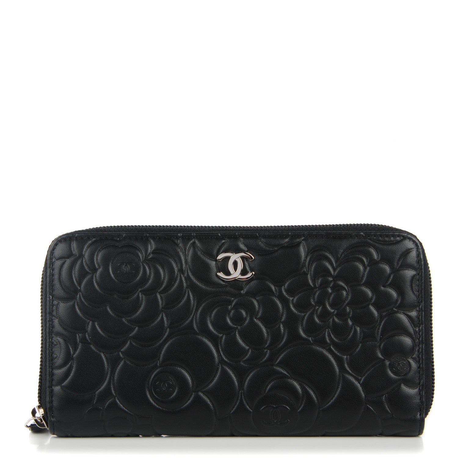 Chanel Lambskin Camellia Embossed Large Zip Around Gusset Wallet Black 1 of 8