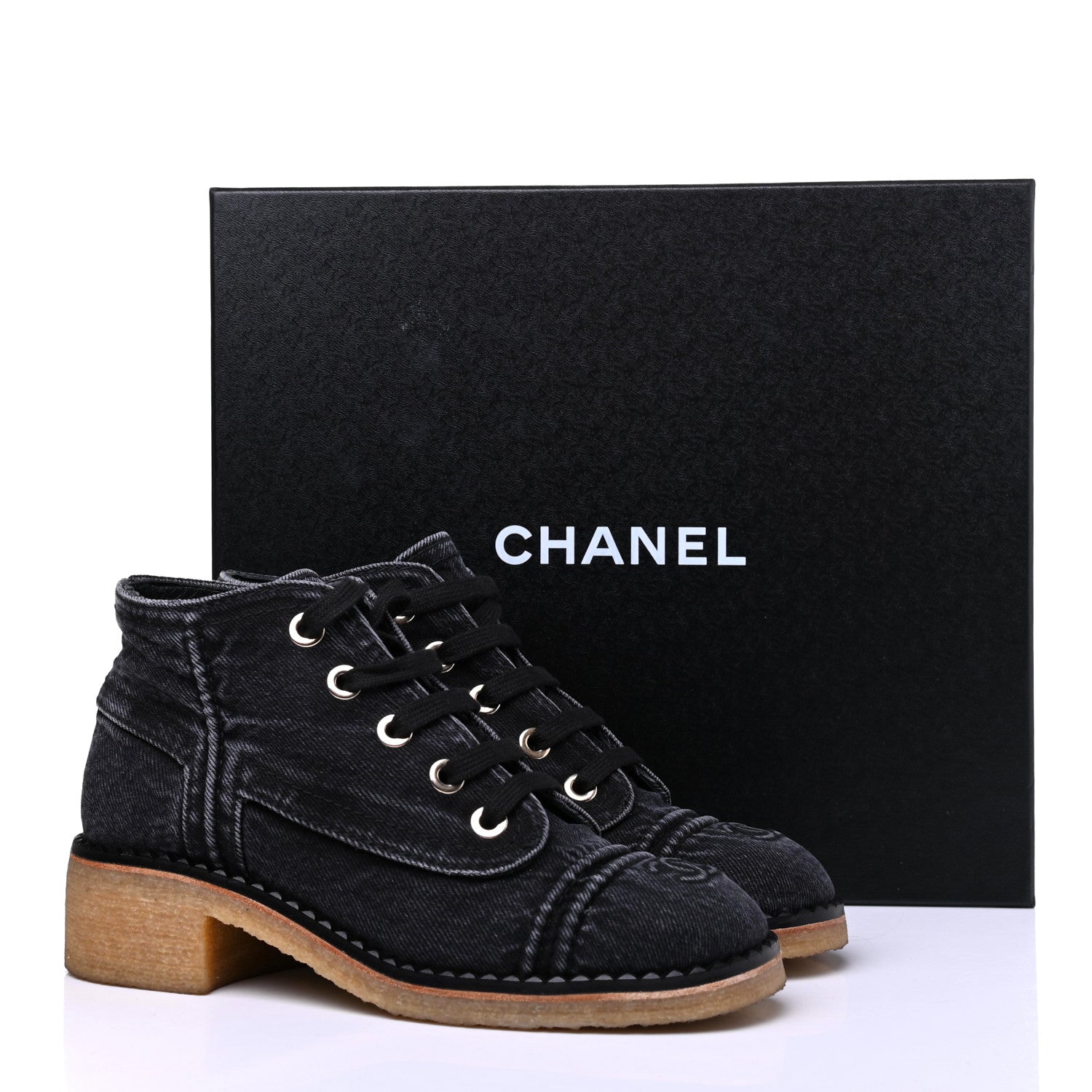 Chanel Denim Lace Up Boots 37.5 Grey 10 of 10