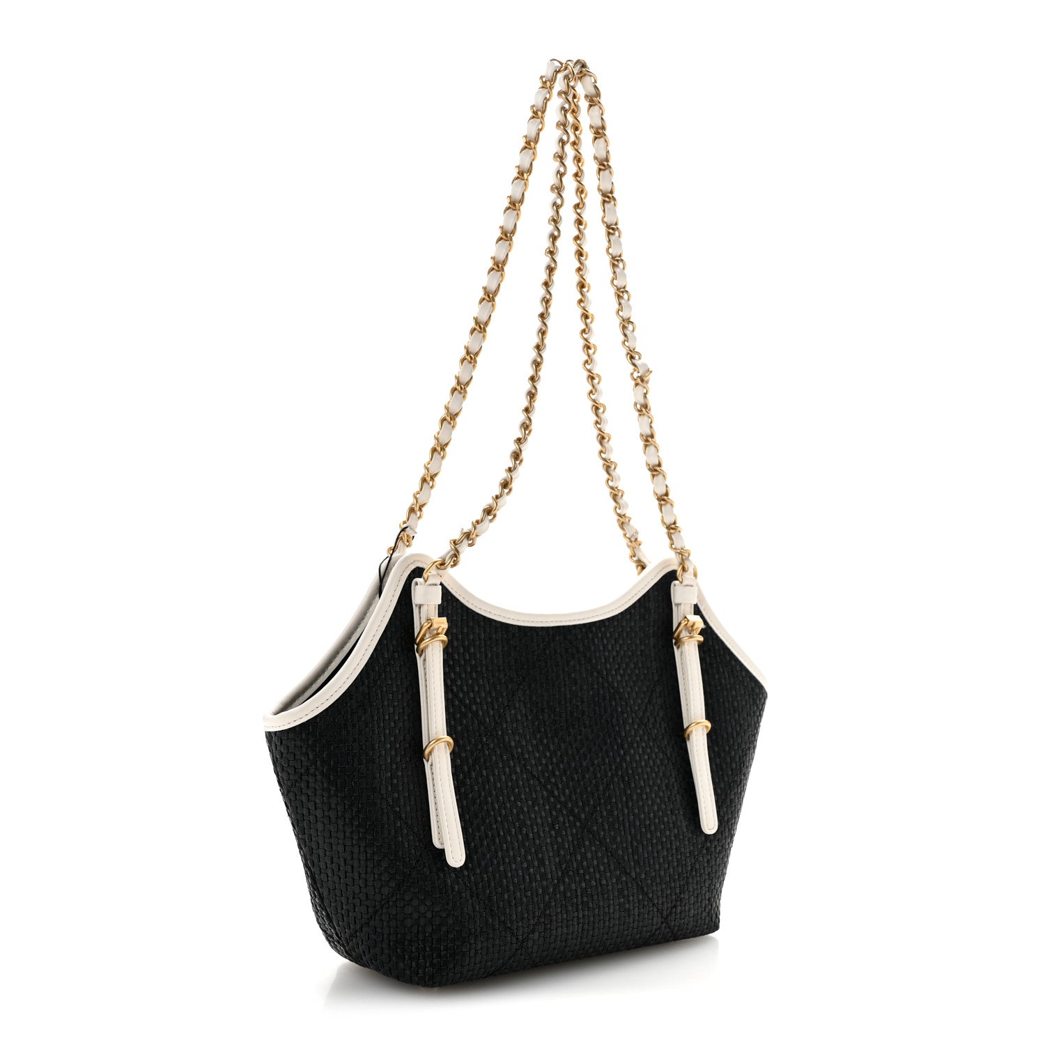 Chanel Braided Raffia Calfskin Stitched Small Shopping Tote Black White 2 of 10