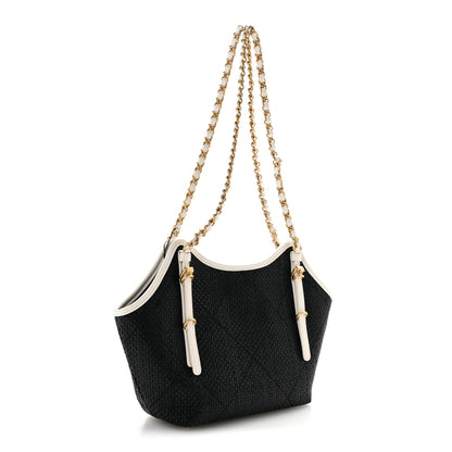 Chanel Braided Raffia Calfskin Stitched Small Shopping Tote Black White 2 of 10