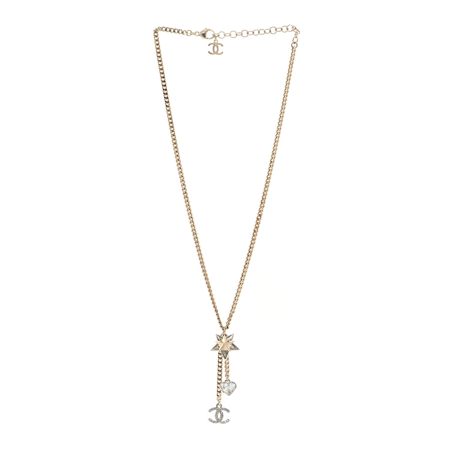 Chanel Crystal Star Heart CC Pendant Necklace Gold 3 of 5