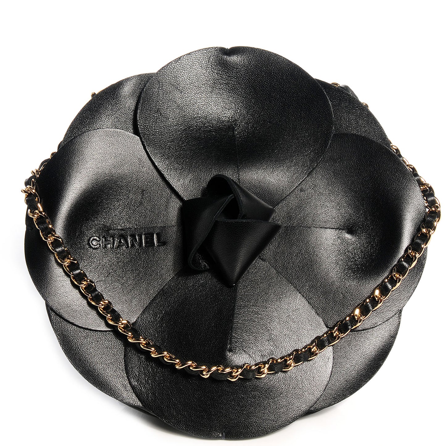 Leather Satin Camellia Evening Bag Black